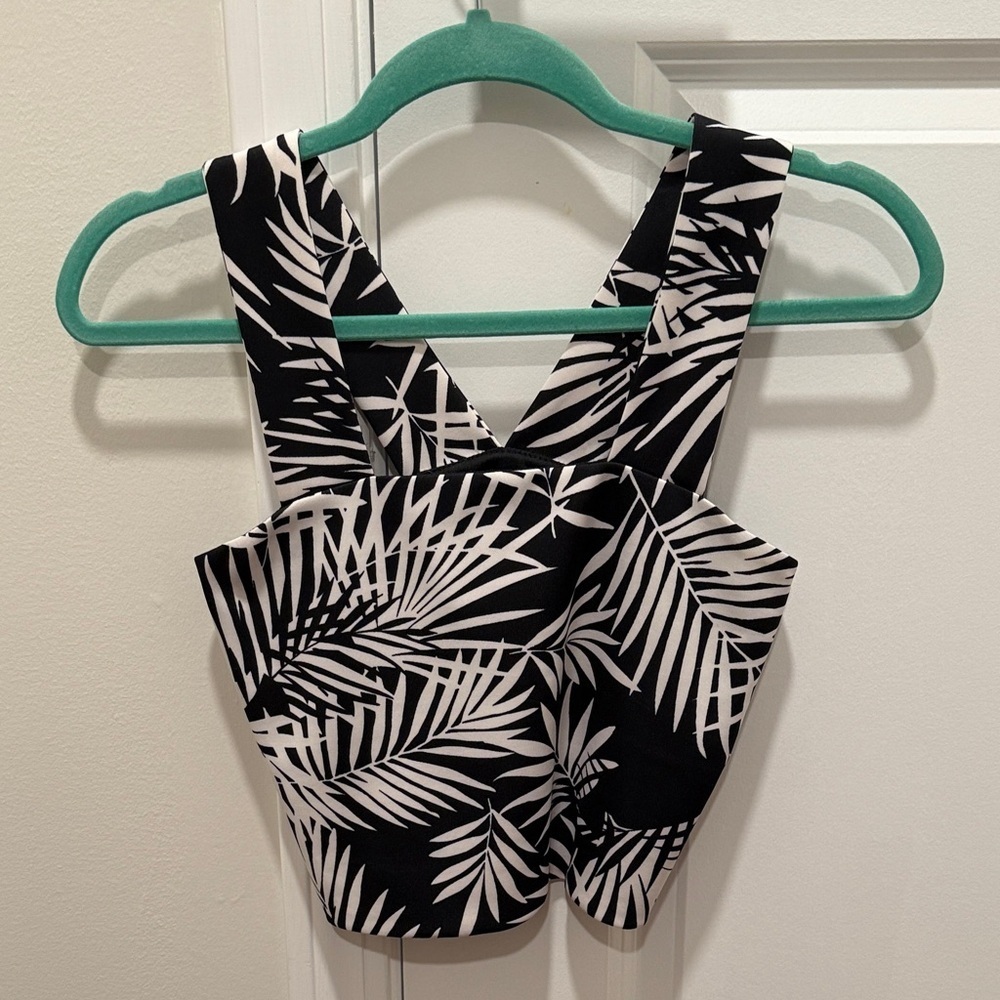 Aqua Black and White Leaf Print Top